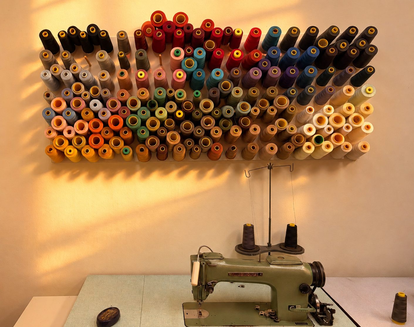 Fabrics and spools of thread on the worktable